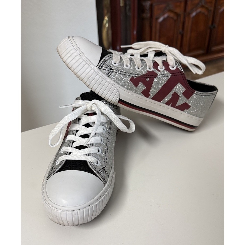 FOCO Texas A&M Aggies Women's Silver Glitter Low Top Canvas Shoes Sneakers Sz 8